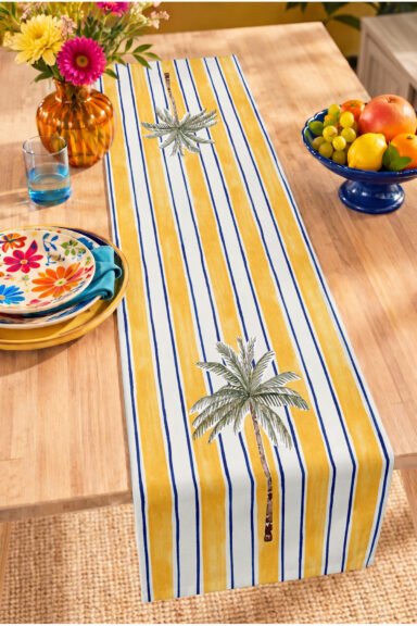Palmiyeli Dikey Çizgili Tropikal Desenli Dekoratif Yemek Masası Modeli Dijital Baskılı Runner 40x140