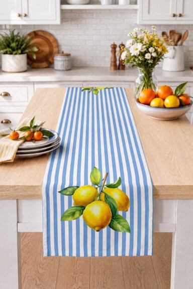 Limon Figürlü Çizgili Desenli Dekoratif Masa Runnerı Dijital Baskılı Runner Mutfak Sofrası İçin 40x1