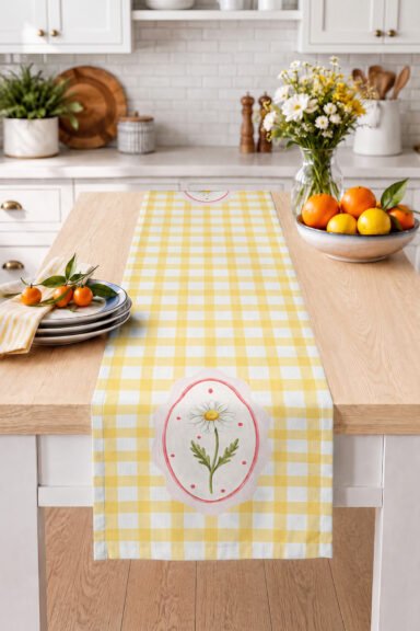 Papatya Motifli Damalı Dijital Baskılı Runner 40x140cm Dekoratif Masa Düzenlemesi İçin Desenli Tekst