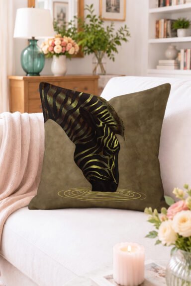 Altın Çizgili Zebra Desenli Kırlent Kılıfı - Kahverengi Modern Dekoratif Yastık Kılıfı