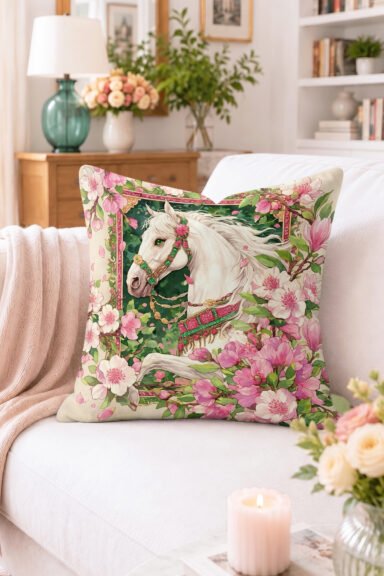 Çiçekli Beyaz At Desenli Kırlent Kılıfı - Pembe Yeşil Vintage Dekoratif Yastık Kılıfı