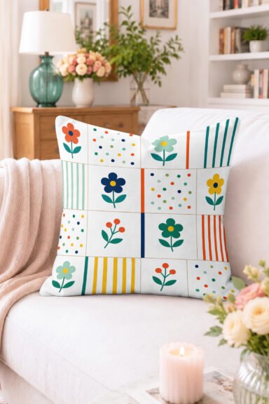Çiçekli Patchwork Desenli Kırlent Kılıfı - Çizgili ve Puantiyeli Çok Renkli Dekoratif Yastık Kılıfı