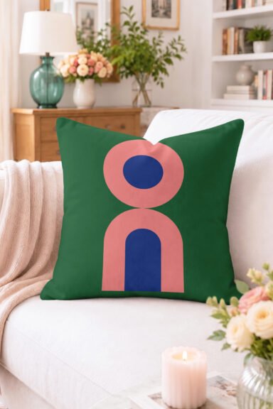 Geometrik Halka ve Kemer Desenli Kırlent Kılıfı - Yeşil Zemin Pembe Lacivert Modern Dekoratif Yastık