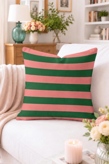 Pembe ve Yeşil Kalın Çizgili Kırlent Kılıfı - Modern Çizgili Dekoratif Yastık Kılıfı