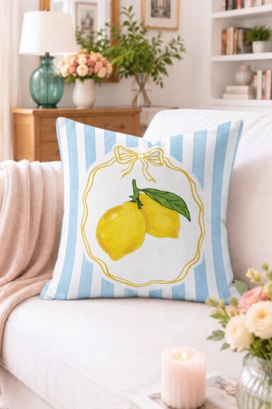 Limon ve Çizgili Desenli Kırlent Kılıfı - Mavi Beyaz Dekoratif Yastık Kılıfı