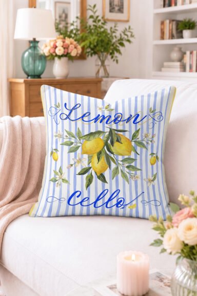 Lemon Cello Yazılı Limon ve Çiçek Desenli Kırlent Kılıfı - Mavi Beyaz Çizgili Dekoratif Yastık Kılıf