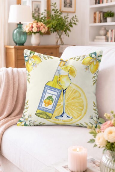Limoncello Yazılı Limon ve Çiçek Desenli Kırlent Kılıfı - Sarı Krem Dekoratif Yastık Kılıfı