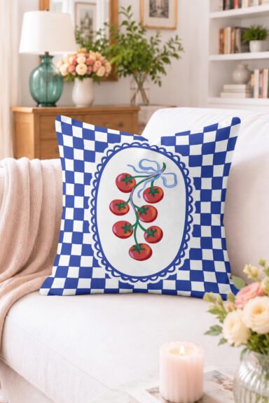 Domates Motifli Mavi Beyaz Dama Desenli Kırlent Kılıfı - Retro Dekoratif Yastık Kılıfı