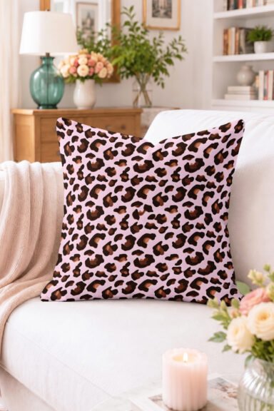 Pembe Leopar Desenli Kırlent Kılıfı - Kahverengi Benekli Modern Dekoratif Yastık Kılıfı