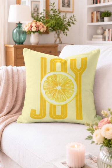 JOY Yazılı Limon Dilimi Desenli Kırlent Kılıfı - Sarı Modern Dekoratif Yastık Kılıfı
