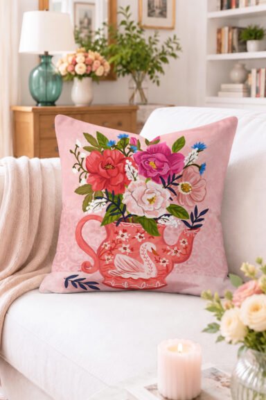 Çiçek Buketi ve Kuğu Desenli Çaydanlık Kırlent Kılıfı - Pembe Vintage Dekoratif Yastık Kılıfı