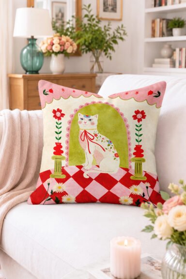 Çiçekli Kedi İllüstrasyonlu Kırlent Kılıfı - Kırmızı Kareli Retro Dekoratif Yastık Kılıfı