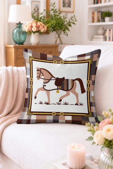 At Figürü ve Kare Desenli Kırlent Kılıfı - Retro Dekoratif Yastık Kılıfı
