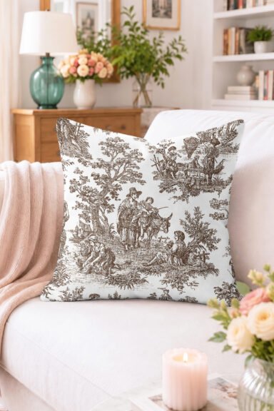 Kahverengi Figürlü Desenli Kırlent Kılıfı - Vintage Dekoratif Yastık Kılıfı