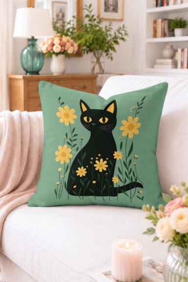 Siyah Kedi ve Sarı Çiçekler Desenli Kırlent Kılıfı - Vintage Dekoratif Yastık Kılıfı