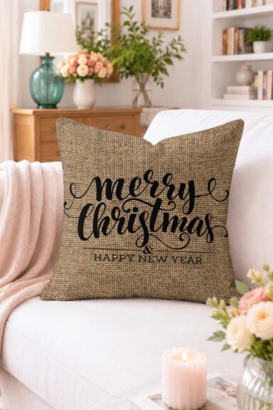 Merry Christmas ve Happy New Year Yazılı Kırlent Kılıfı - Doğal Desenli Dekoratif Yastık Kılıfı