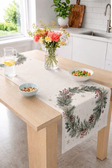 Yılbaşı Çam Dalı Kozalak ve Kar Tanesi Desenli Dijital Baskılı Runner Dekoratif Masa Runnerı 40x140c