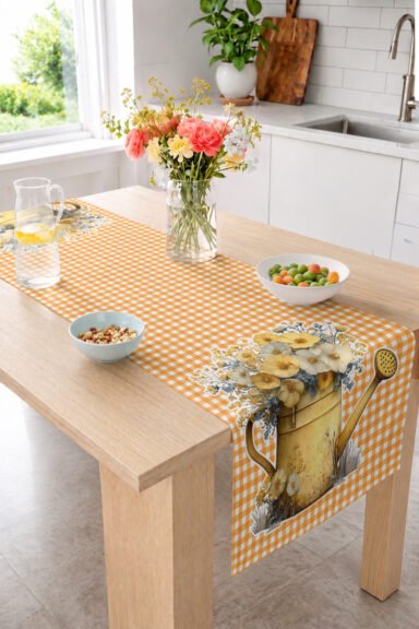 Çiçekli Sulama Kabı ve Kareli Desenli Klasik Dekoratif Masa Dekoru İçin Dijital Baskılı Runner 40x14