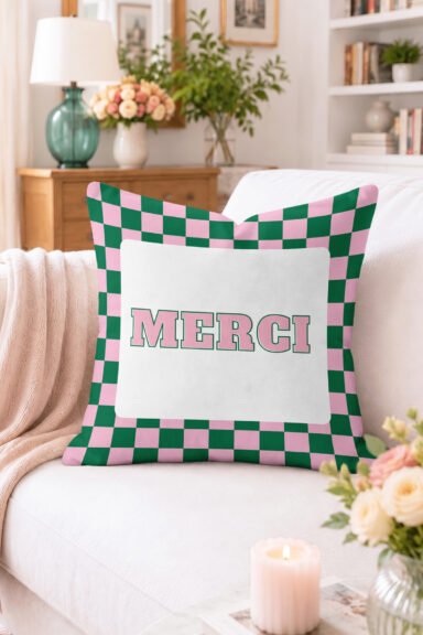 Merçi Yazılı ve Kare Desenli Kırlent Kılıfı - Pembe Yeşil Modern Dekoratif Yastık Kılıfı