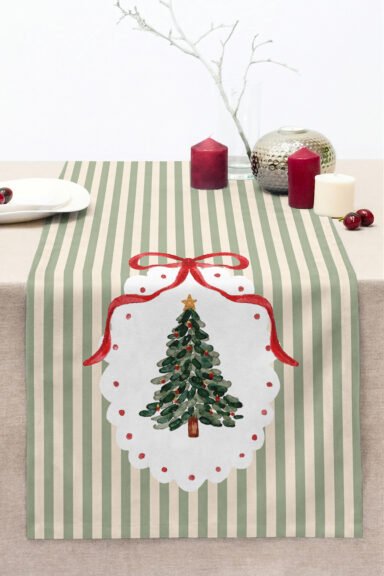 Noel Çam Ağacı ve Fiyonk Motifli Çizgili Dekoratif Yemek Masası İçin Dijital Baskılı Runner 40x140cm