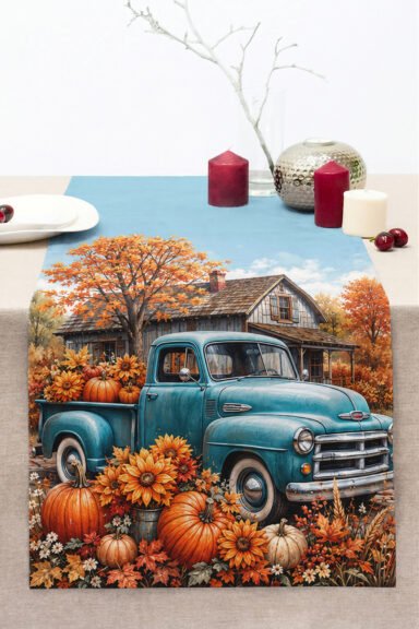 Vintage Turkuaz Kamyonet, Balkabağı ve Sonbahar Çiçekli Dekoratif Dijital Baskılı Runner 40x140cm