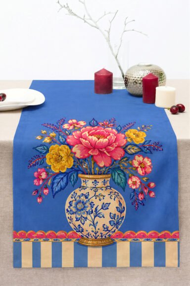 Çini Vazo ve Renkli Çiçek Desenli Dekoratif Klasik Dijital Baskılı Runner 40x140cm Yemek Masası