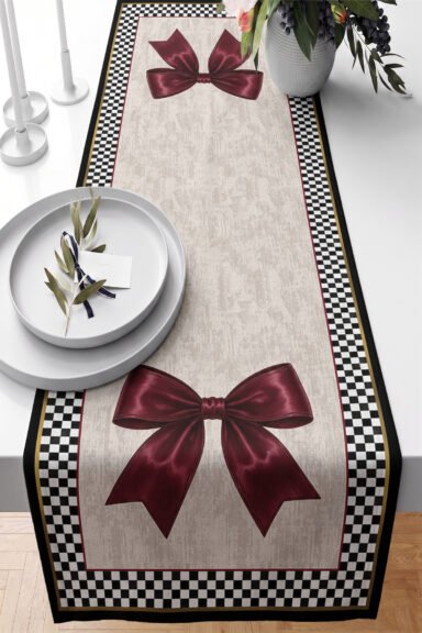Büyük Fiyonklu Damalı Çerçeveli Klasik Desenli Dijital Baskılı Runner Dekoratif Masa Tasarımı 40x140