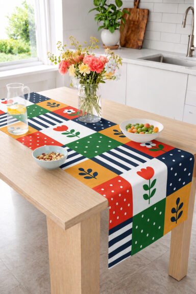 Renkli Patchwork Çiçek ve Kalp Motifli Puantiyeli ve Çizgili 40x140cm Dijital Baskılı Runner Masa Dekorasyonu