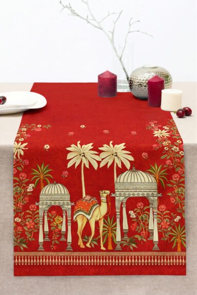 Fil ve Hint Sarayı Motifli Çiçek Desenli 40x140cm Dijital Baskılı Runner Dekoratif Masa Runnerı