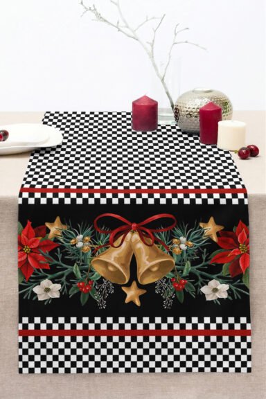 Yılbaşı Çanı ve Çiçek Motifli Dama Desenli 40x140cm Dijital Baskılı Runner Dekoratif Masa Runnerı