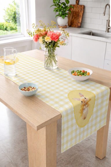 Sarı Pötikare Zeminli Fiyonklu Sevimli Tavşan Figürlü 40x140cm Dijital Baskılı Runner Dekoratif Masa Runnerı