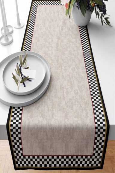 Siyah Beyaz Dama Bordürlü Gri Dokulu Modern Dekoratif Masa Runnerı 40x140cm Dijital Baskılı Runner