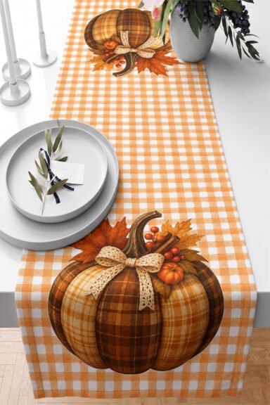 Ekose Kareli Balkabağı ve Akçaağaç Yaprak Desenli Dijital Baskılı Dekoratif Masa Runnerı 40x140cm