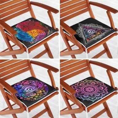 4'lü Siyah Zeminde Rengarenk Mandala Motifli Dijital Baskılı Fermuarlı Sandalye Minderi Seti