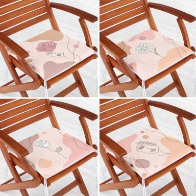 4'lü Pembe Zemin Üzerinde Çiçek Motifli Dekoratif Fermuarlı Sandalye Minderi Seti
