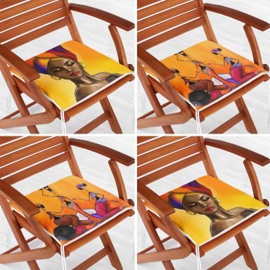 4'lü Afrika Bayan Motifli Fermuarlı Sandalye Minderi Seti