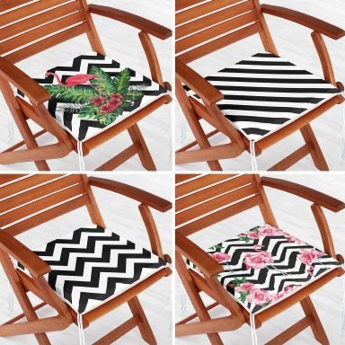 4'lü Flamingo ve Siyah Beyaz Geometrik Desenli Fermuarlı Sandalye Minderi Seti