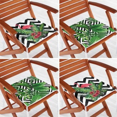 4'lü Geometrik Çizgiler Üzerinde Tropikal Yaprak ve Flamingo Fermuarlı Sandalye Minderi Seti