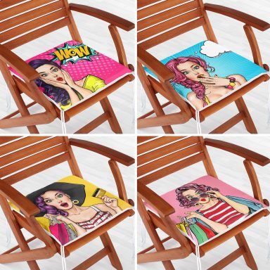 4'lü Fashion Girl Konseptli Fermuarlı Sandalye Minderi Seti