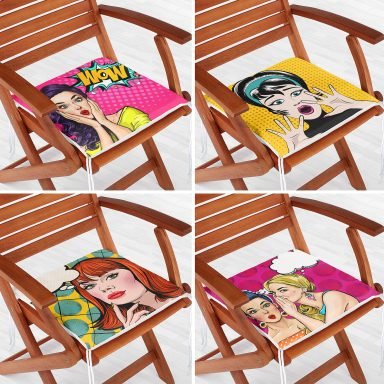 4'lü Pop-Art Fashion Girl Fermuarlı Sandalye Minderi Seti