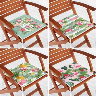 4'lü Yeşil Summer Temalı Flamingo Motifli Fermuarlı Sandalye Minderi Seti