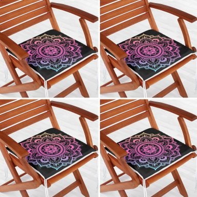 4'lü Neon Mandala Tasarım Dijital Baskılı Modern Fermuarlı Sandalye Minderi Seti