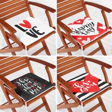 4'lü Sevgililer Günü Konseptli Özel Tasarım Modern Kombin Fermuarlı Sandalye Minderi Seti