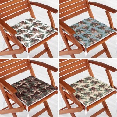 4'lü Pastel Zeminli Kozalak Tasarımlı Dijital Baskılı Modern Fermuarlı Sandalye Minderi Seti