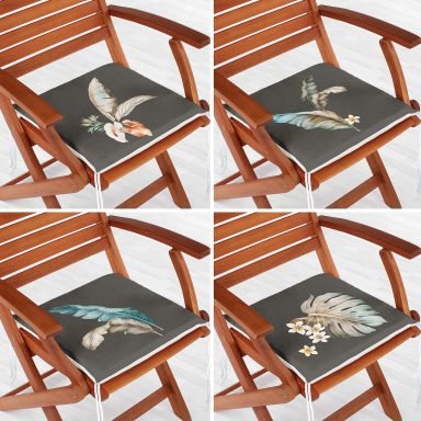 4'lü Koyu Zeminli Tüy Motifli Dijital Baskılı Modern Fermuarlı Sandalye Minderi Seti