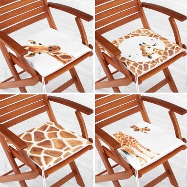 4'lü Özel Çizim Zürafa Tasarımlı Dijital Baskılı Modern Fermuarlı Sandalye Minderi Seti