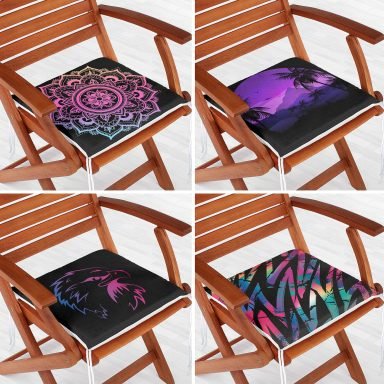 4'lü Neon Geometrik Çizim Tasarımlı Modern Dijital Baskılı Fermuarlı Sandalye Minderi Seti