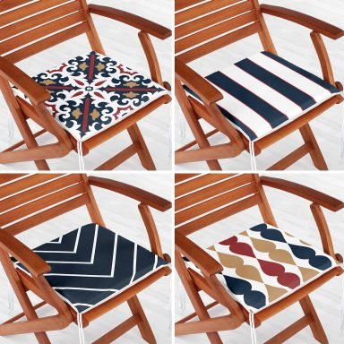 4'lü Lacivert Özel Tasarım Çizimli Fermuarlı Sandalye Minderi Seti