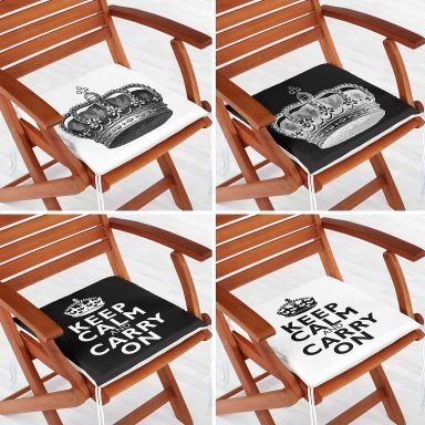 4'lü Keep Calm Temalı Kral Tacı Motrifli Fermuarlı Sandalye Minderi Seti