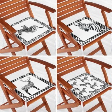 4'lü Siyah Beyaz Temalı Zebra Motifli Fermuarlı Sandalye Minderi Seti